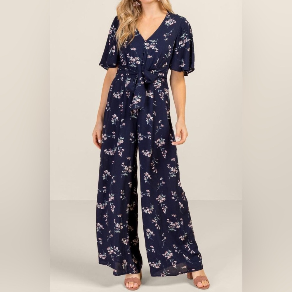 Blue Floral Tie-Front Jumpsuit | Flutter Sleeve | Size M